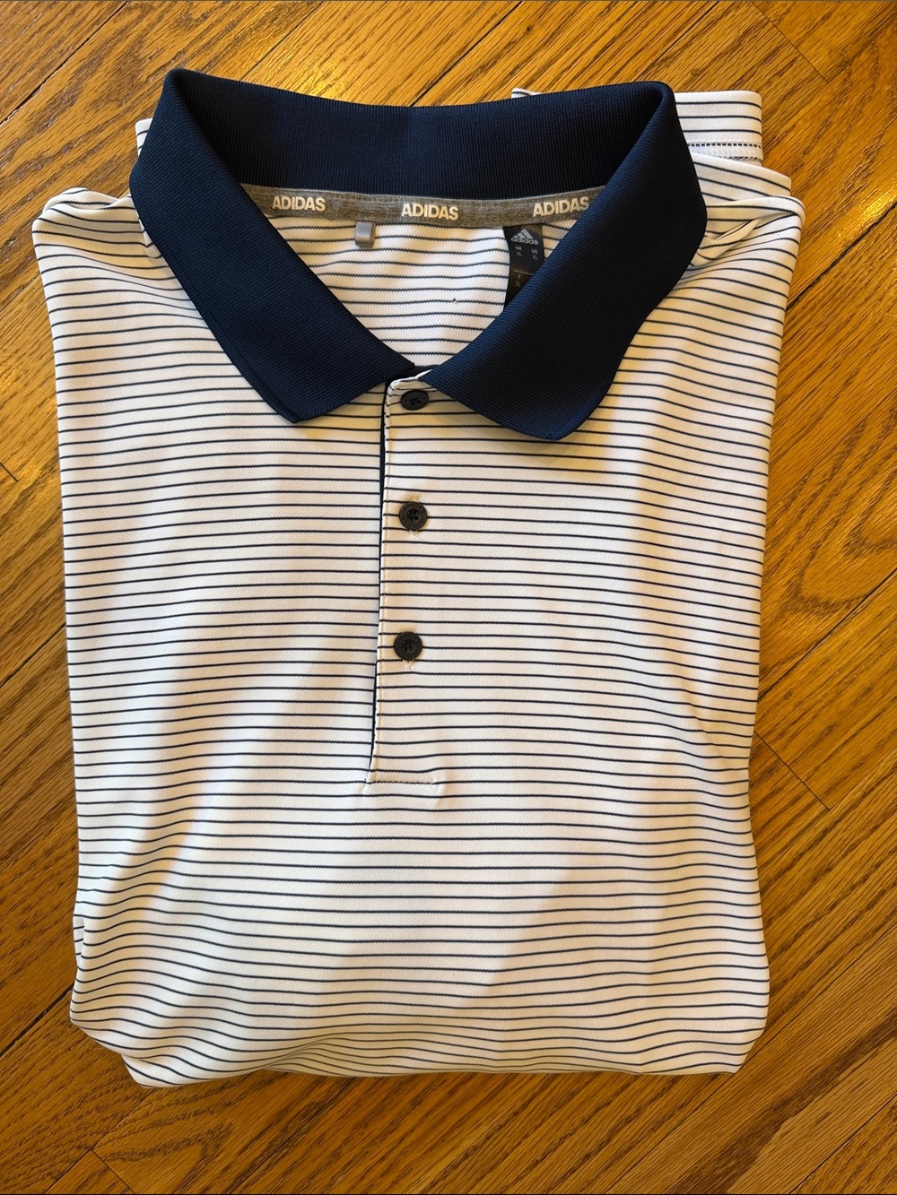 Adidas Golf Polo with Navy Collar and Thin Navy Stripes